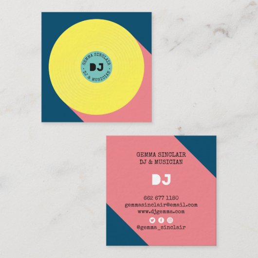Retro blue yellow modern muziek dj vinylmusicus vierkante visitekaartje (Voorkant / Achterkant)