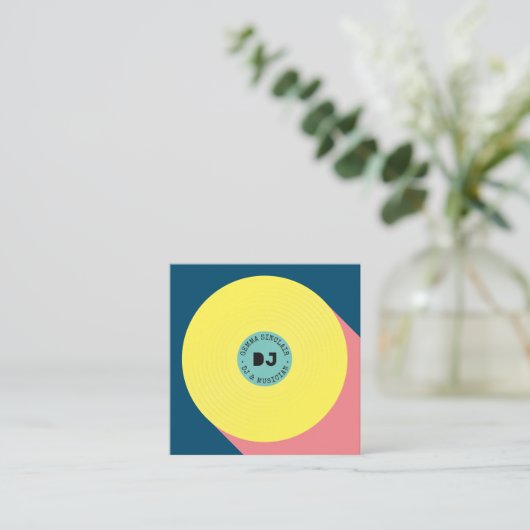 Retro blue yellow modern muziek dj vinylmusicus vierkante visitekaartje (Staand voorkant)
