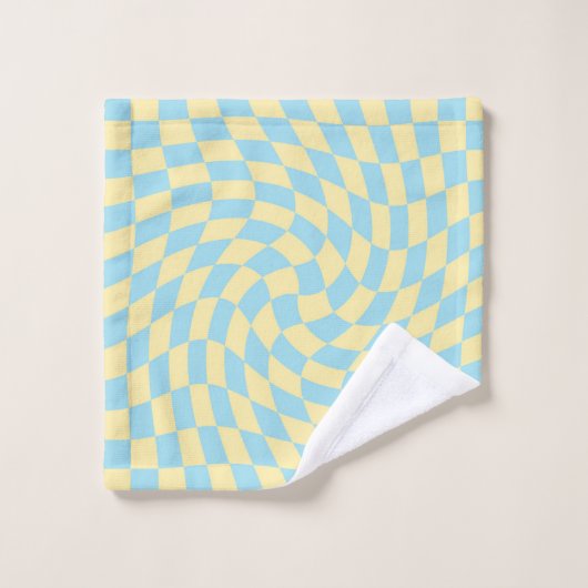 Retro Blue Yellow Pastel Warped Checkerboard Bad Handdoek (Wasdoekje)