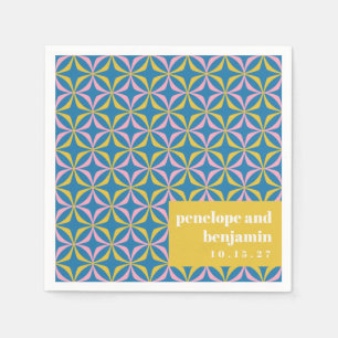Retro Blue Yellow Pattern Fun Bold Weddenschap Cus Servet