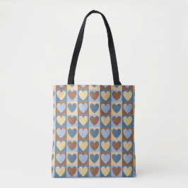 Retro Blue Yellow Tan Hearts Patroon Tote Bag