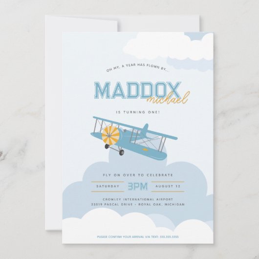 Retro Blues Vliegtuig Tijd vliegt Eerste Verjaarda Kaart (Voorkant)