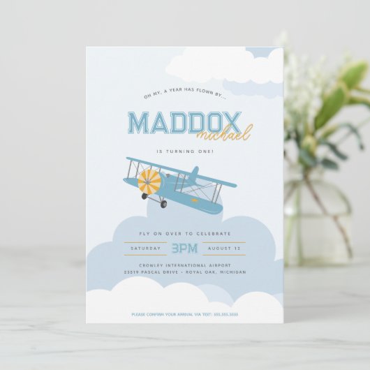 Retro Blues Vliegtuig Tijd vliegt Eerste Verjaarda Kaart (Staand voorkant)
