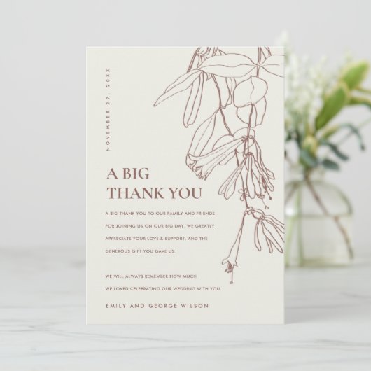 RETRO BLUSH OFF WHITE LINE DRAWING FLORAL WEDDING BEDANKKAART (Staand voorkant)