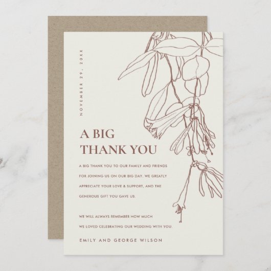 RETRO BLUSH OFF WHITE LINE DRAWING FLORAL WEDDING BEDANKKAART (Voorkant / Achterkant)