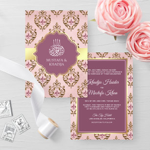 Retro Blush Pink Paars Gold Damask Muslim Weduwsch Kaart