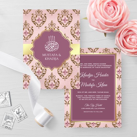 Retro Blush Pink Paars Gold Damask Muslim Weduwsch Kaart