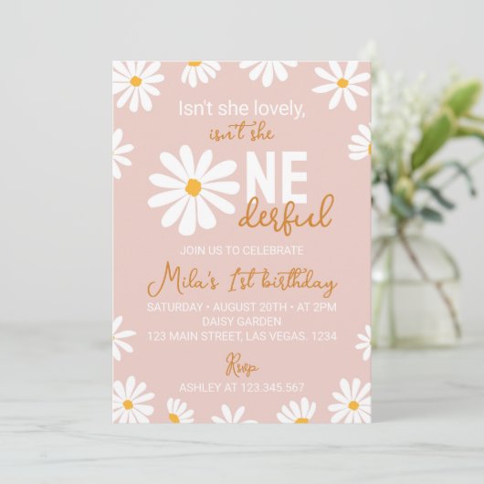 Retro Blush Roze Daisy Eerste Verjaardag Uitnodigi Kaart (Staand voorkant)