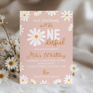 Retro Blush Roze Daisy Eerste Verjaardag Uitnodigi Kaart