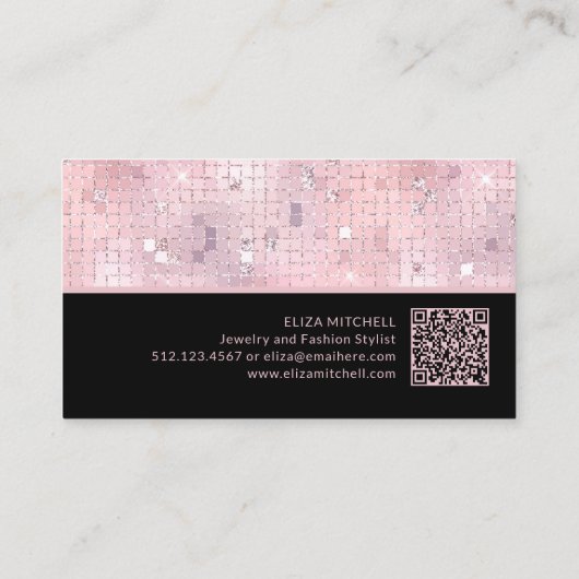 Retro Blush Roze Disco Ball Spiegel | QR-code Visitekaartje (Achterkant)