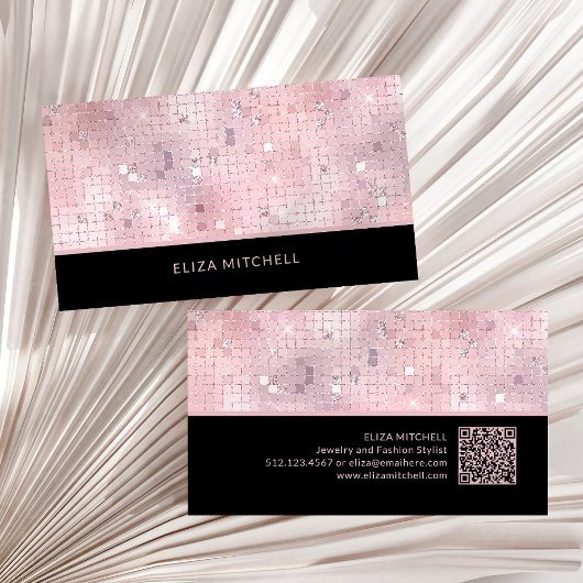 Retro Blush Roze Disco Ball Spiegel | QR-code Visitekaartje