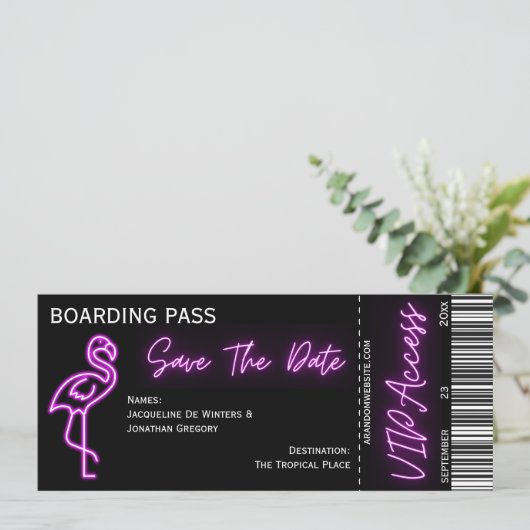 Retro Boarding Pass Neon Flamingo Sla de datum op Kaart (Staand voorkant)