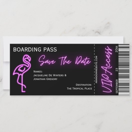 Retro Boarding Pass Neon Flamingo Sla de datum op Kaart (Voorkant)