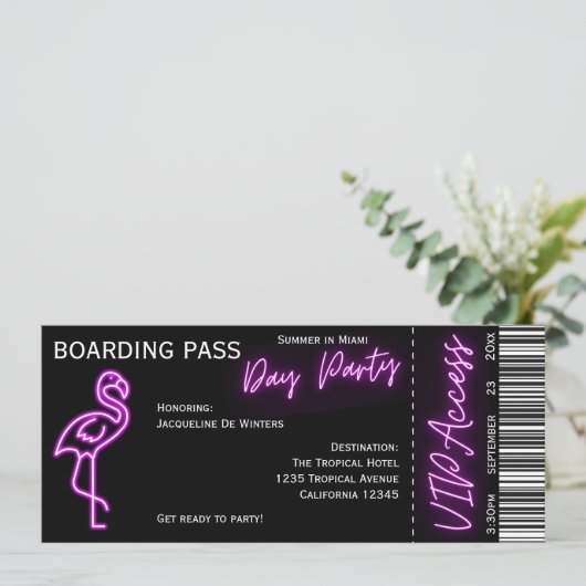 Retro Boarding Pass Neon Flamingo Zomerdag Feest Kaart (Staand voorkant)