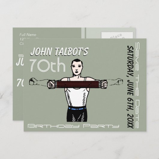 Retro Bodybuilding 70e verjaardag Bewaar de datum Aankondigingskaart (Voorkant / Achterkant)