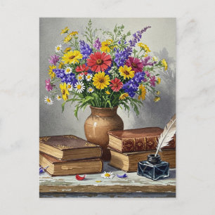 Retro  Boeken Bloemen Schrijver Briefkaart