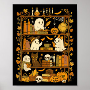 Retro Boekenplank Black Cat Halloween Ghost Readin Poster