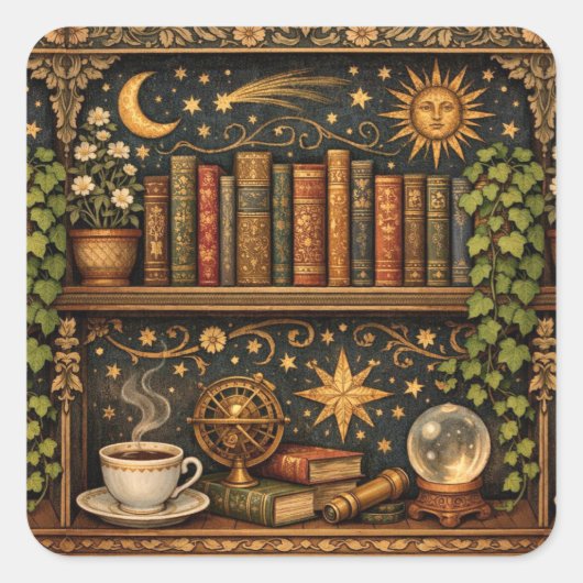 Retro boekenplank boek liefhebber hemel sterren vierkante sticker (Voorkant)