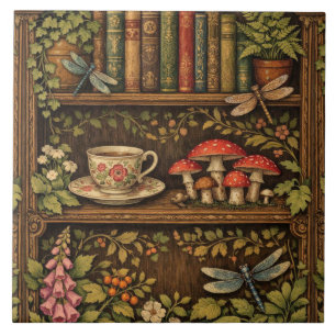 Retro boekenplank paddenstoelen koffie bloemen tegeltje