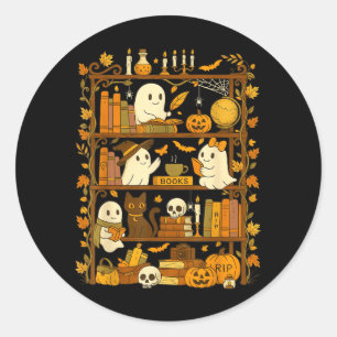 Retro Boekenplank Zwarte Kat Halloween Geest Lezen Ronde Sticker