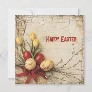 Retro boeket rood en geel Paas eieren tulpen Feestdagenkaart
