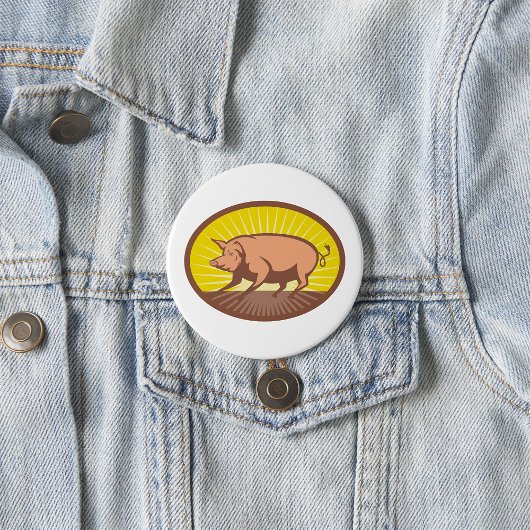 Retro Boerderij Pig met Sunburst Ronde Button 7,6 Cm