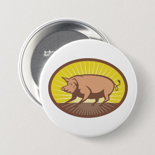 Retro Boerderij Pig met Sunburst Ronde Button 7,6 Cm (Voorkant /achterkant)