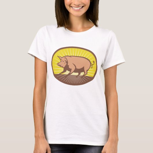 Retro Boerderij Pig met Sunburst T-shirt (Voorkant)