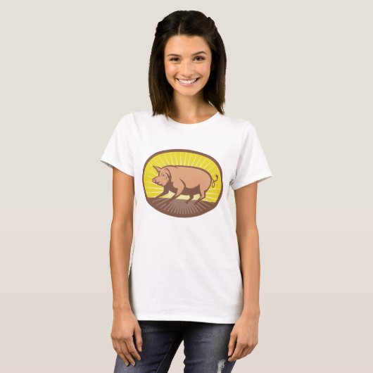Retro Boerderij Pig met Sunburst T-shirt (Voorkant volledig)