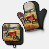 Retro Boerderij Voertuig Rustieke  Rode Tractor Ovenwant & Pannenlap Set (Voorkant / Achterkant)