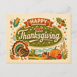 Retro boerderijhuis Happy Thanksgiving kalkoen oog Feestdagenkaart