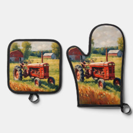 Retro boerderijvoertuig landelijke vintage rode tr ovenwant & pannenlap set