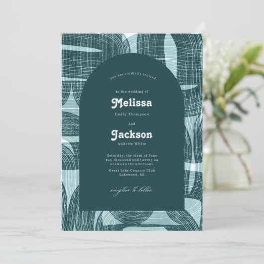Retro Bogen En Rondingen en Lijnen Teal Huwelijk Kaart (Staand voorkant)