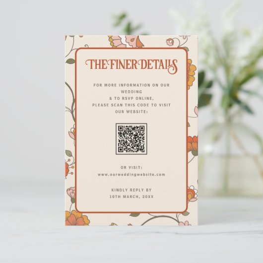Retro Boheem Bloemige Trouwdetails QR-code Informatiekaartje (Staand voorkant)