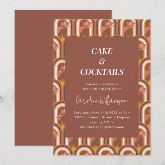 Retro Bohemian Terracotta Floral Birthday Party Kaart (Voorkant / Achterkant)