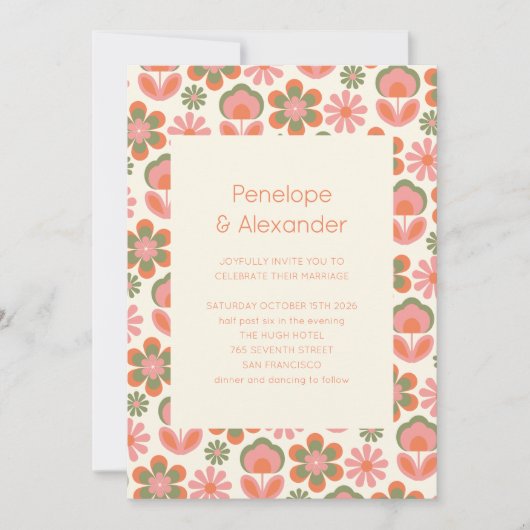Retro Boho 70s Flowers Pink Green Wedding Kaart (Voorkant)