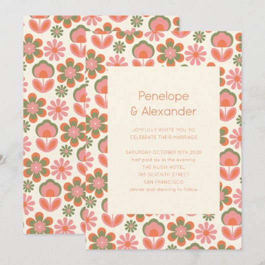 Retro Boho 70s Flowers Pink Green Wedding Kaart (Voorkant / Achterkant)