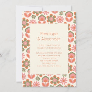 Retro Boho 70s Flowers Pink Green Wedding Kaart