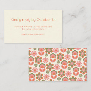 Retro Boho 70's Flowers Pink Green Wedding RSVP Informatiekaartje