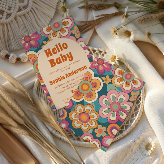 Retro Boho 70s Groovy Floral Baby Shower    Kaart
