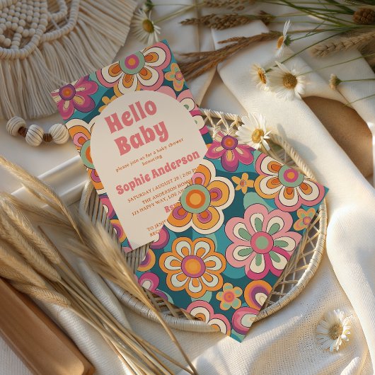 Retro Boho 70s Groovy Floral Baby Shower Kaart