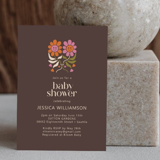 Retro Boho 70s Smile Floral Groovy Baby shower Kaart