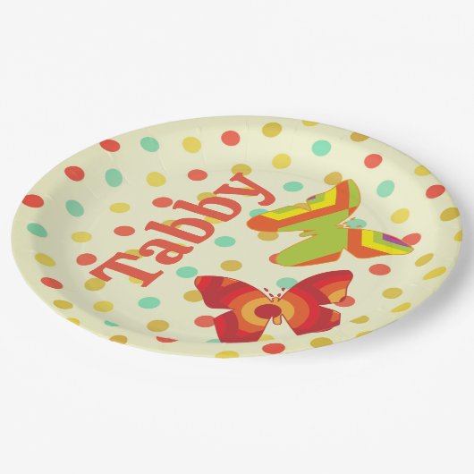 Retro boho 70's stripe polka dot butterfly sinaasa papieren bordje (Gekanteld)