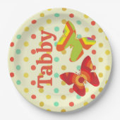 Retro boho 70's stripe polka dot butterfly sinaasa papieren bordje (Voorkant)