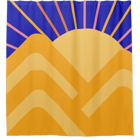Retro Boho Abstract landschap Blauw Geel Douchegordijn (Voorkant)