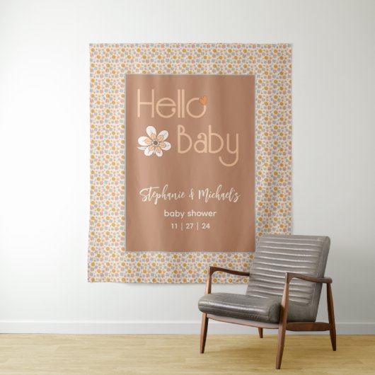 Retro Boho Bloemen Baby shower Achtergrond Tapestr Wandkleed (In situ)