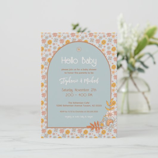 Retro Boho Bloemen Baby shower Jongensuitnodiging Kaart (Staand voorkant)