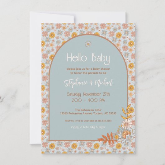 Retro Boho Bloemen Baby shower Jongensuitnodiging Kaart (Voorkant)