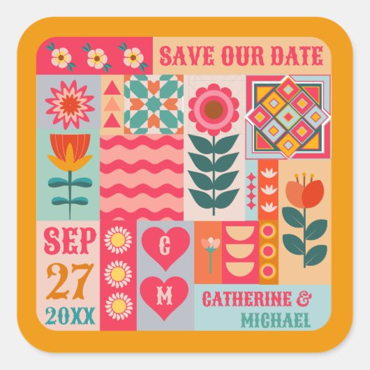 Retro Boho Bloemen Bold & Bright Save The Date Vierkante Sticker (Voorkant)