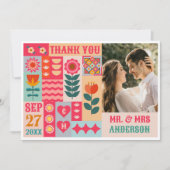 Retro Boho Bloemen Bold & Heldere Kleurrijke Bruil Bedankkaart (Voorkant)